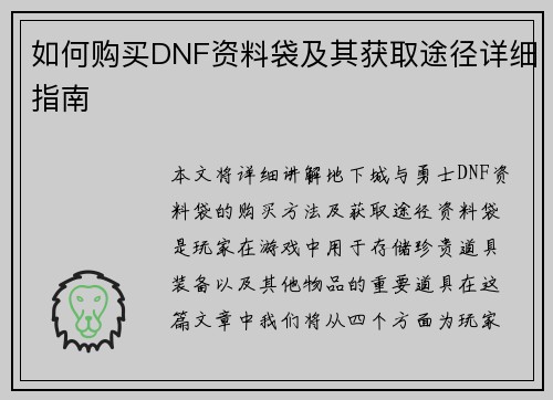 如何购买DNF资料袋及其获取途径详细指南